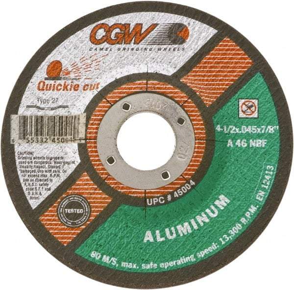 Camel Grinding Wheels - 46 Grit, 4-1/2" Wheel Diam, Type 27 Depressed Center Wheel - Medium Grade, Aluminum Oxide, Resinoid Bond, N Hardness, 13,300 Max RPM - Industrial Tool & Supply