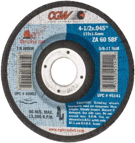 Camel Grinding Wheels - 60 Grit, 4-1/2" Wheel Diam, 7/8" Arbor Hole, Type 27 Depressed Center Wheel - Zirconia Alumina, Resinoid Bond, S Hardness, 13,300 Max RPM, Compatible with Angle Grinder - Industrial Tool & Supply