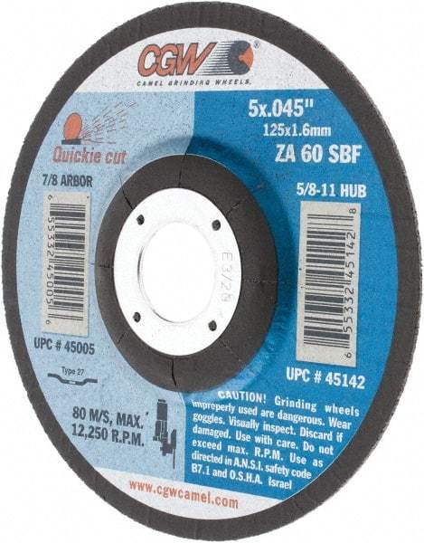 Camel Grinding Wheels - 60 Grit, 5" Wheel Diam, 7/8" Arbor Hole, Type 27 Depressed Center Wheel - Zirconia Alumina, Resinoid Bond, S Hardness, 12,250 Max RPM, Compatible with Angle Grinder - Industrial Tool & Supply