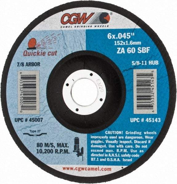 Camel Grinding Wheels - 60 Grit, 6" Wheel Diam, 7/8" Arbor Hole, Type 27 Depressed Center Wheel - Zirconia Alumina, Resinoid Bond, S Hardness, 10,200 Max RPM, Compatible with Angle Grinder - Industrial Tool & Supply