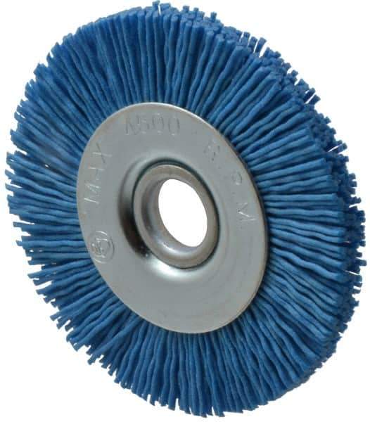 Value Collection - 3" OD, 1/2" Shank Diam, 1/2" Arbor Hole, Crimped Nylon Wheel Brush - 3/8" Face Width, 5/16" Trim Length, 4,500 RPM - Industrial Tool & Supply
