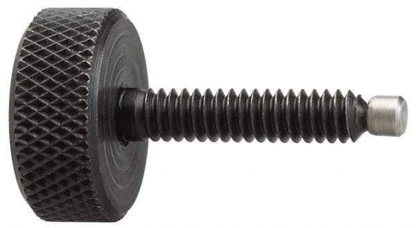 Jergens - 3/8-16 Knurled Shoulderless Swivel Pad Tip Grade 1215 Steel Thumb Screw - 2-7/16" OAL, 1-1/4" Head Diam x 7/16" Head Height, Black Oxide Finish - Industrial Tool & Supply