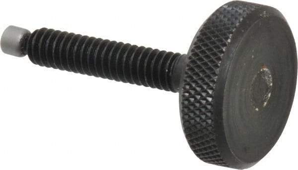 Jergens - 1/4-20 Knurled Shoulderless Swivel Pad Tip Grade 1215 Steel Thumb Screw - 1-13/16" OAL, 1" Head Diam x 5/16" Head Height, Black Oxide Finish - Industrial Tool & Supply
