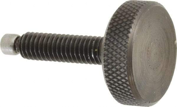 Jergens - 5/16-18 Knurled Shoulderless Swivel Pad Tip Grade 1215 Steel Thumb Screw - 1-7/8" OAL, 1-1/8" Head Diam x 3/8" Head Height, Black Oxide Finish - Industrial Tool & Supply