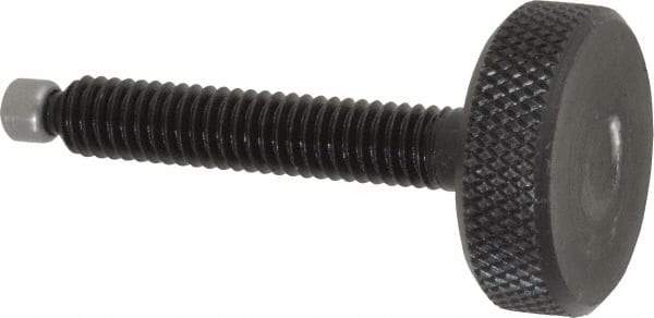 Jergens - 5/16-18 Knurled Shoulderless Swivel Pad Tip Grade 1215 Steel Thumb Screw - 2-3/8" OAL, 1-1/8" Head Diam x 3/8" Head Height, Black Oxide Finish - Industrial Tool & Supply