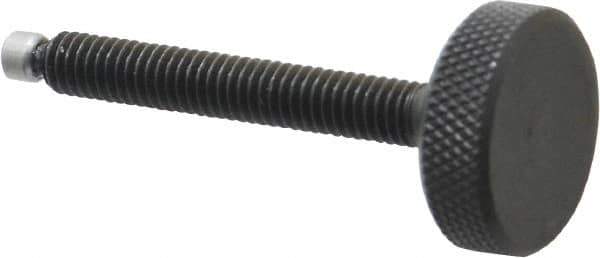 Jergens - 5/16-18 Knurled Shoulderless Swivel Pad Tip Grade 1215 Steel Thumb Screw - 2-7/8" OAL, 1-1/8" Head Diam x 3/8" Head Height, Black Oxide Finish - Industrial Tool & Supply