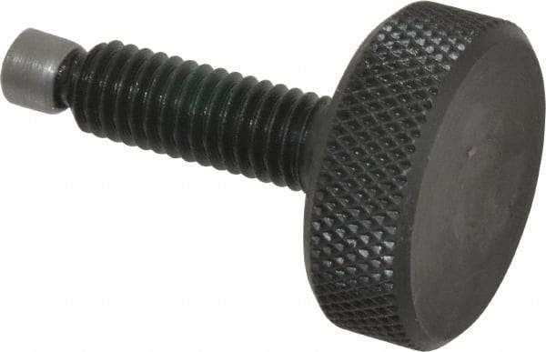 Jergens - 3/8-16 Knurled Shoulderless Swivel Pad Tip Grade 1215 Steel Thumb Screw - 1-15/16" OAL, 1-1/4" Head Diam x 7/16" Head Height, Black Oxide Finish - Industrial Tool & Supply