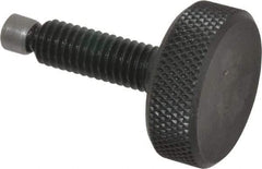 Jergens - 3/8-16 Knurled Shoulderless Swivel Pad Tip Grade 1215 Steel Thumb Screw - 1-15/16" OAL, 1-1/4" Head Diam x 7/16" Head Height, Black Oxide Finish - Industrial Tool & Supply