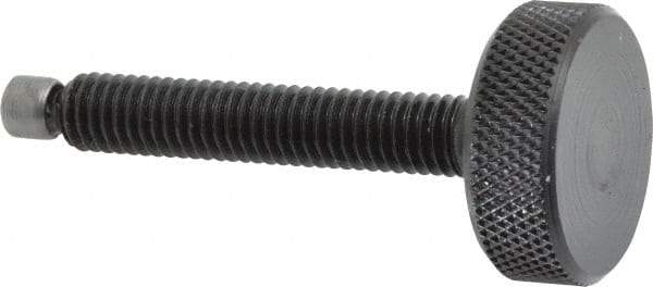 Jergens - 3/8-16 Knurled Shoulderless Swivel Pad Tip Grade 1215 Steel Thumb Screw - 2-15/16" OAL, 1-1/4" Head Diam x 7/16" Head Height, Black Oxide Finish - Industrial Tool & Supply