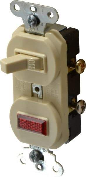 Pass & Seymour - 1 Pole, 120/125 VAC, 15 Amp, Flush Mounted, Ungrounded, Tamper Resistant Combination Switch with Pilot Light - NonNEMA Configuration, 1 Switch, Side Wiring, UL Listed 20 498 Standard - Industrial Tool & Supply