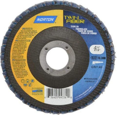 Norton - 40 Grit, 4-1/2" Disc Diam, 7/8" Center Hole, Type 29 Ceramic Flap Disc - 13,000 Max RPM, Fiberglass Backing, Arbor Attaching System, Coated - Industrial Tool & Supply