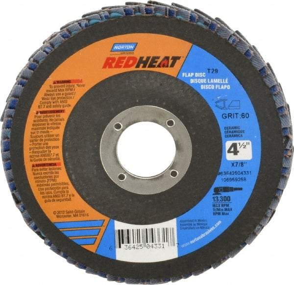 Norton - 60 Grit, 4-1/2" Disc Diam, 7/8" Center Hole, Type 29 Ceramic Flap Disc - 13,000 Max RPM, Fiberglass Backing, Arbor Attaching System, Coated - Industrial Tool & Supply