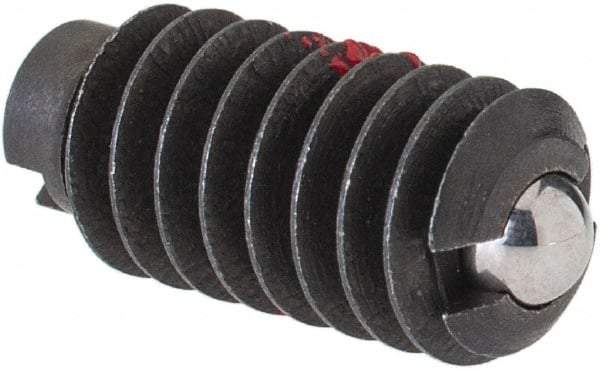 Jergens - 1/4-20, 0.125" Ball Diam, 17/32" Body Length, 0.035" Max Ball Reach, Threaded Ball Plunger - Steel Body, Stainless Steel Ball, 2 Lb Initial End Force, 4 Lb Final End Force, Locking Element - Industrial Tool & Supply