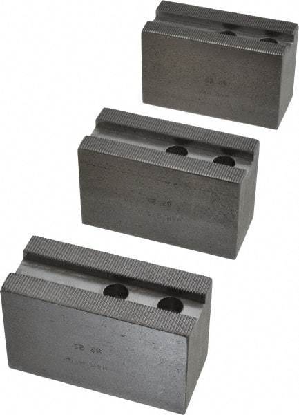 H & R Manufacturing - 1.5mm x 60° Serrated Attachment, Square Soft Lathe Chuck Jaw - 3 Jaws, Steel, 1.181" Btw Mount Hole Ctrs, 4" Long x 1-3/4" Wide x 2-1/2" High, 0.63" Groove, 12mm Fastener - Industrial Tool & Supply