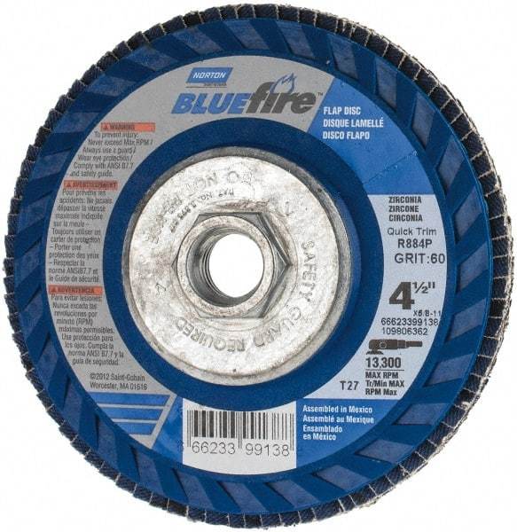 Norton - 60 Grit, 4-1/2" Disc Diam, 5/8-11 Center Hole, Type 27 Zirconia Alumina Flap Disc - 13,300 Max RPM, Fiberglass Backing, Arbor Attaching System, Coated - Industrial Tool & Supply