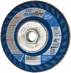 Norton - 60 Grit, 4-1/2" Disc Diam, 5/8-11 Center Hole, Type 27 Zirconia Alumina Flap Disc - 13,300 Max RPM, Fiberglass Backing, Arbor Attaching System, Coated - Industrial Tool & Supply
