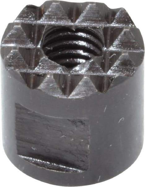 Fairlane - 10-32 Thread, 3/8" Diam, 3/8" High, Threaded, Extra Fine Tooth Grade Diamond Serration Tooth Pattern, High Speed Steel, Round Positioning Gripper - 3/16" Flat Width, Black Oxide Coated - Industrial Tool & Supply