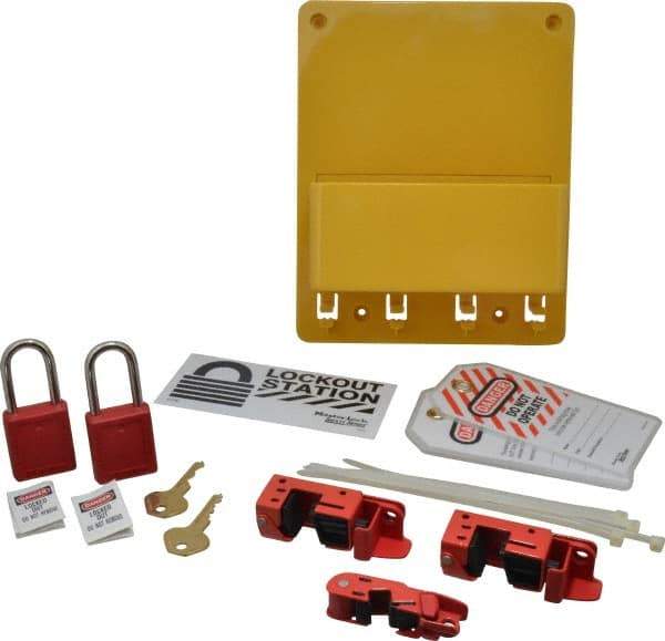 Master Lock - Equipped Polycarbonate Electrical Lockout Station - 7-3/4 Inch Wide x 9-3/4 Inch High x 2-7/8 Inch Deep, Yellow - Industrial Tool & Supply