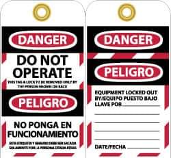 NMC - 3" High x 6" Long, DANGER - DO NOT OPERATE - THIS TAG & LOCK TO BE REMOVED ONLY BY THE PERSON SHOWN ON BACK, English & Spanish Safety & Facility Lockout Tag - Tag Header: Danger, 2 Sides, Black, Red & White Unrippable Vinyl - Industrial Tool & Supply