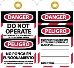 NMC - 3" High x 6" Long, DANGER - DO NOT OPERATE - EQUIPMENT TAG-OUT, English & Spanish Safety & Facility Lockout Tag - Tag Header: Danger, 2 Sides, Black, Red & White Unrippable Vinyl - Industrial Tool & Supply