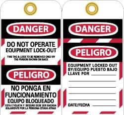 NMC - 3" High x 6" Long, DANGER - DO NOT OPERATE - EQUIPMENT LOCK-OUT - THIS TAG & LOCK TO BE REMOVED ONLY BY THE PERSON SHOWN ON BACK, English & Spanish Safety & Facility Lockout Tag - Tag Header: Danger, 2 Sides, Black, Red & White Unrippable Vinyl - Industrial Tool & Supply