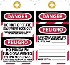 NMC - 3" High x 6" Long, DANGER - DO NOT OPERATE - EQUIPMENT LOCK-OUT - THIS TAG & LOCK TO BE REMOVED ONLY BY THE PERSON SHOWN ON BACK, English & Spanish Safety & Facility Lockout Tag - Tag Header: Danger, 2 Sides, Black, Red & White Unrippable Vinyl - Industrial Tool & Supply