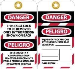 NMC - 3" High x 6" Long, DANGER - THIS TAG & LOCK TO BE REMOVED ONLY BY THE PERSON SHOWN ON BACK, English & Spanish Safety & Facility Lockout Tag - Tag Header: Danger, 2 Sides, Black, Red & White Unrippable Vinyl - Industrial Tool & Supply