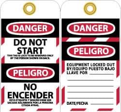 NMC - 3" High x 6" Long, DANGER - DO NOT START - THIS TAG & LOCK TO BE REMOVED ONLY BY THE PERSON SHOWN ON BACK, English & Spanish Safety & Facility Lockout Tag - Tag Header: Danger, 2 Sides, Black, Red & White Unrippable Vinyl - Industrial Tool & Supply