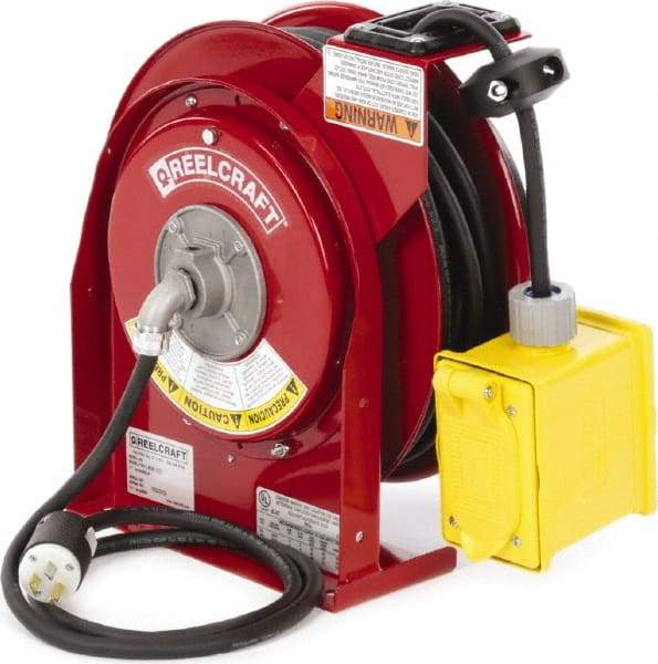 Reelcraft - 12 AWG, 45' Cable Length, Cord & Cable Reel with Outlet End - 2 Outlets, NEMA 5-15R, 15 Amps, 125 Volts, SJEOOW Cable, Red Reel, Electric Reel - Industrial Tool & Supply
