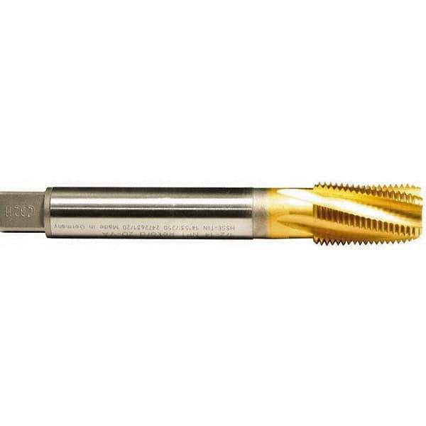 Emuge - 1-1/2 - 11-1/2 NPT, 15° Helix, 5 Flutes, TiN Finish, Cobalt, Spiral Flute Pipe Tap - Right Hand Flute, 1-3/4" Thread Length, 1-1/8" Square Size, Series KEG - Exact Industrial Supply