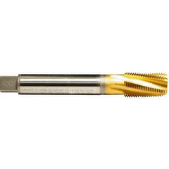 Emuge - 1-1/2 - 11-1/2 NPT, 15° Helix, 5 Flutes, TiN Finish, Cobalt, Spiral Flute Pipe Tap - Right Hand Flute, 1-3/4" Thread Length, 1-1/8" Square Size, Series KEG - Exact Industrial Supply