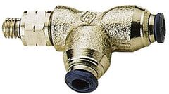 Alpha Technologies - 1/8" Outside Diam, 10-32 UNF, Nickel Plated Brass Push-to-Connect Male Swivel Run Tee - 250 Max psi, Tube to Male UNF Connection, Buna O-Ring - Industrial Tool & Supply