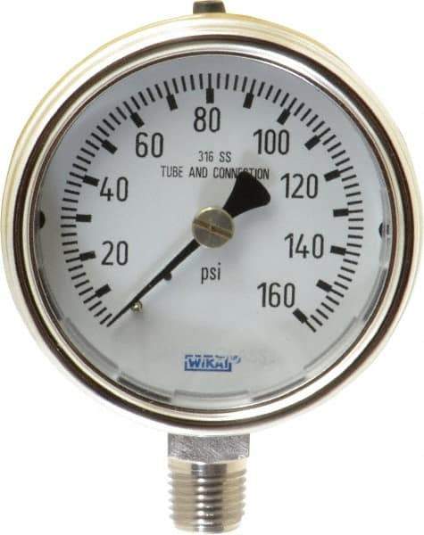 Wika - 2-1/2" Dial, 1/4 Thread, 0-160 Scale Range, Pressure Gauge - Lower Connection Mount, Accurate to 2-1-2% of Scale - Industrial Tool & Supply