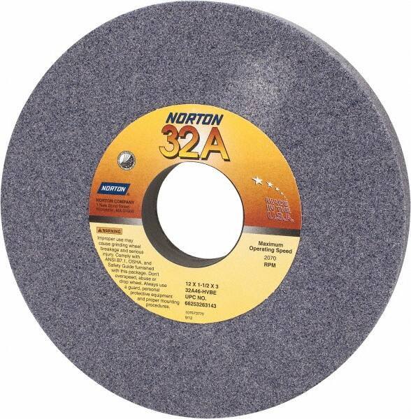 Norton - 12" Diam x 3" Hole x 1-1/2" Thick, H Hardness, 46 Grit Surface Grinding Wheel - Aluminum Oxide, Type 1, Coarse Grade, 2,070 Max RPM, Vitrified Bond, No Recess - Industrial Tool & Supply