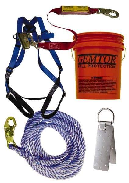 Gemtor - Universal Size, 300 Lb. Capacity, Polyester Roofer Fall Protection Kit - 3 Ft. Lanyard Long, Reusable Anchor, Blue, Black and Red - Industrial Tool & Supply