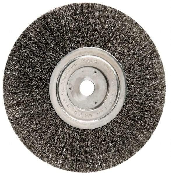 Weiler - 8" OD, 3/4" Arbor Hole, Crimped Steel Wheel Brush - 1/2" Face Width, 2-1/16" Trim Length, 0.014" Filament Diam, 6,000 RPM - Industrial Tool & Supply
