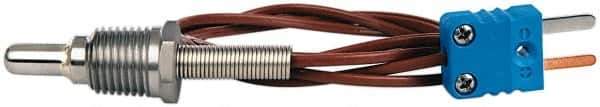 Thermo Electric - 0 to 700°F, T Pipe Plug, Thermocouple Probe - 5 Ft. Cable Length, Mini Connector, 1/2 Inch Probe Sheath Length, 6 Sec Response Time - Industrial Tool & Supply