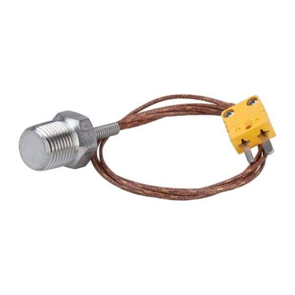 Thermo Electric - 0 to 221°F, K Pipe Plug, Thermocouple Probe - 5 Ft. Cable Length, Mini Connector, 10 Sec Response Time - Industrial Tool & Supply