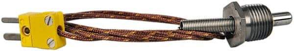 Thermo Electric - 0 to 900°F, K Pipe Plug, Thermocouple Probe - 5 Ft. Cable Length, Mini Connector, 1/2 Inch Probe Sheath Length, 6 Sec Response Time - Industrial Tool & Supply
