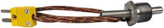 Thermo Electric - 0 to 900°F, K Pipe Plug, Thermocouple Probe - 5 Ft. Cable Length, Mini Connector, 1/2 Inch Probe Sheath Length, 6 Sec Response Time - Industrial Tool & Supply