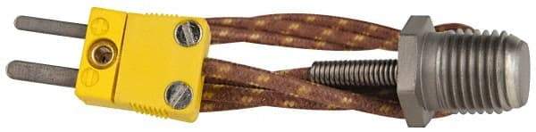 Thermo Electric - 0 to 221°F, K Pipe Plug, Thermocouple Probe - 5 Ft. Cable Length, Mini Connector, 10 Sec Response Time - Industrial Tool & Supply