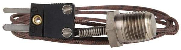 Thermo Electric - 0 to 221°F, J Pipe Plug, Thermocouple Probe - 5 Ft. Cable Length, Mini Connector, 10 Sec Response Time - Industrial Tool & Supply