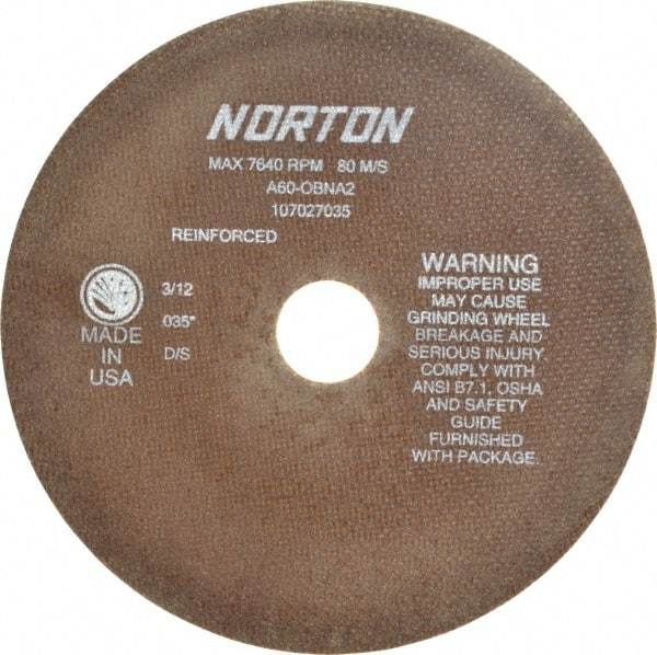Norton - 8" 60 Grit Aluminum Oxide Cutoff Wheel - 0.035" Thick, 1-1/4" Arbor, 7,640 Max RPM, Use with Stationary Grinders - Industrial Tool & Supply