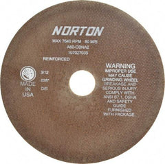 Norton - 8" 60 Grit Aluminum Oxide Cutoff Wheel - 0.035" Thick, 1-1/4" Arbor, 7,640 Max RPM, Use with Stationary Grinders - Industrial Tool & Supply