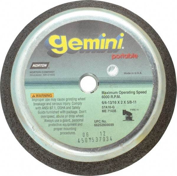 Norton - 6" Diam, 2" Overall Thickness, 16 Grit, Type 11 Tool & Cutter Grinding Wheel - Very Coarse Grade, Aluminum Oxide, Q Hardness, 6,000 RPM - Industrial Tool & Supply