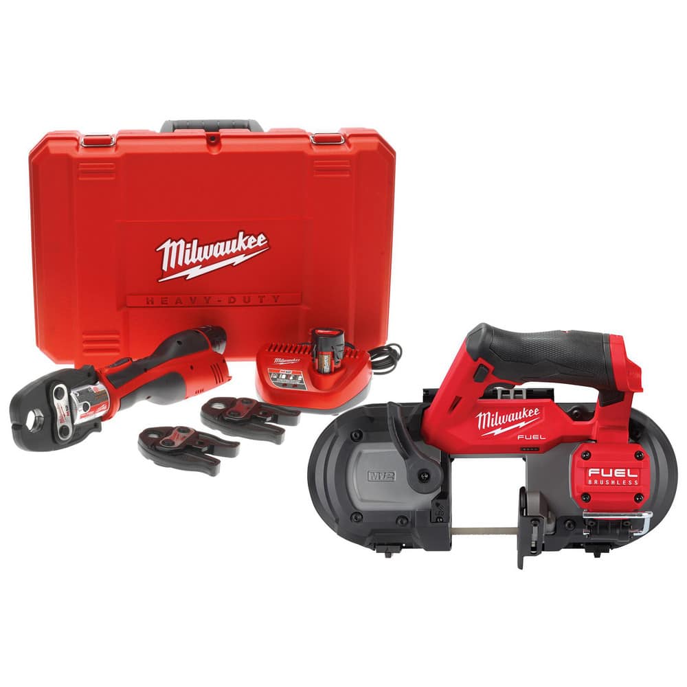 Benders, Crimpers & Pressers; Crimper Type: Press Tool Kit; Maximum Pipe Capacity: 1.25 in; Batteries Included: Yes; Voltage: 12.00; Number Of Batteries: 2; Battery Chemistry: Lithium-ion; Includes: M12 Red Lithium Battery (48-11-2401); 1″ Jaw (49-16-2452