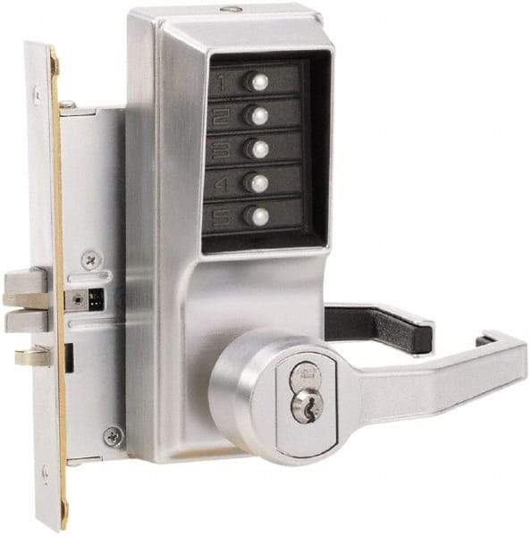 Kaba Access - Combination Entry Lever Lockset with Key Override - 2-3/4" Back Set, No Cylinder, Zamak3, Satin Chrome Finish - Industrial Tool & Supply