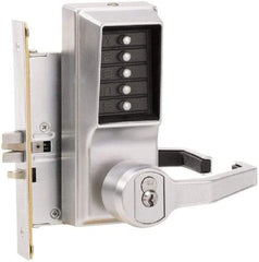 Kaba Access - Combination Entry Lever Lockset with Key Override - 2-3/4" Back Set, No Cylinder, Zamak3, Satin Chrome Finish - Industrial Tool & Supply