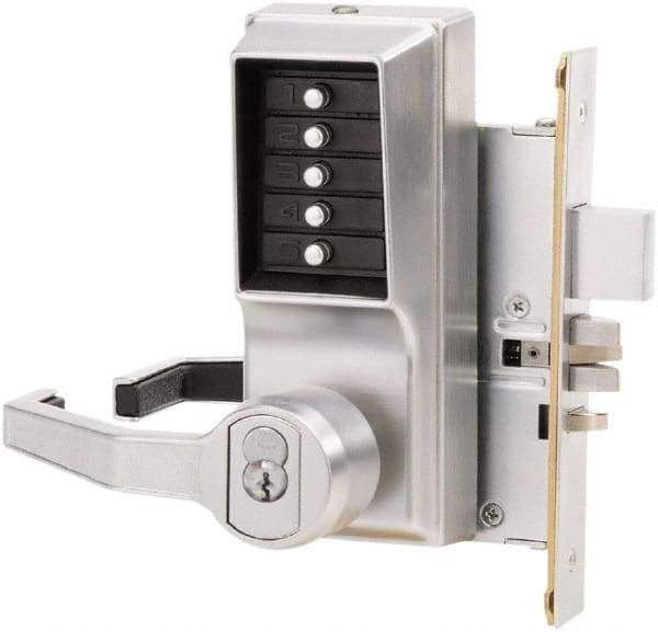 Kaba Access - Combination Entry Lever Lockset with Key Override - 2-3/4" Back Set, No Cylinder, Zamak3, Satin Chrome Finish - Industrial Tool & Supply