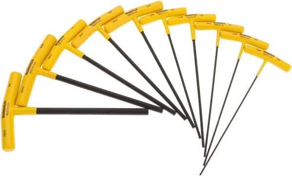 Bondhus - 10 Piece T-Handle Cushion Grip Hex Key Set - Hex Range 3/32 to 3/8", 9" OAL, Protanium High Torque Steel - Industrial Tool & Supply